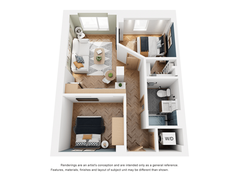 a stylized floor plan with a bedroom and living room